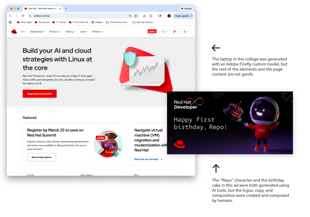 Example: Desktop view of redhat.com showing an AI-generated laptop image, and Red Hat Developer ad with an AI-generated image of the "Repo" character with the birthday cake.